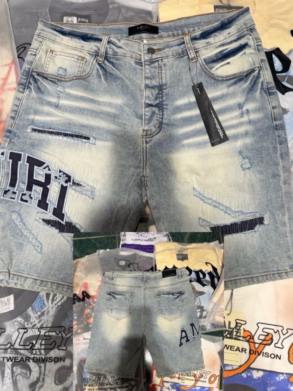 AMIRI Light Blue Distressed Denim Jean Shorts with Patch Logo